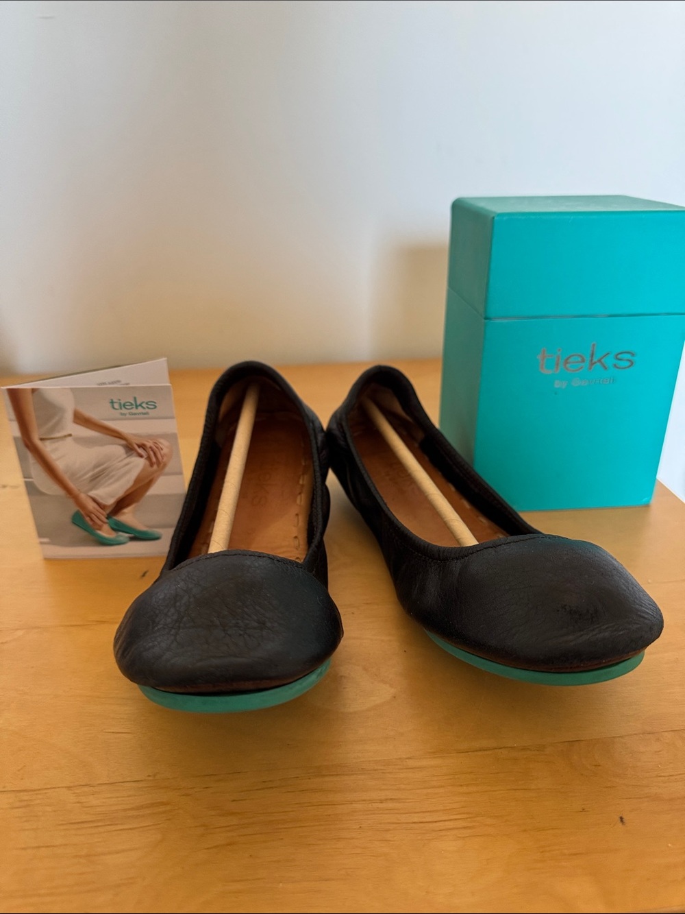 Tieks Black Leather Flats with Teal Soles